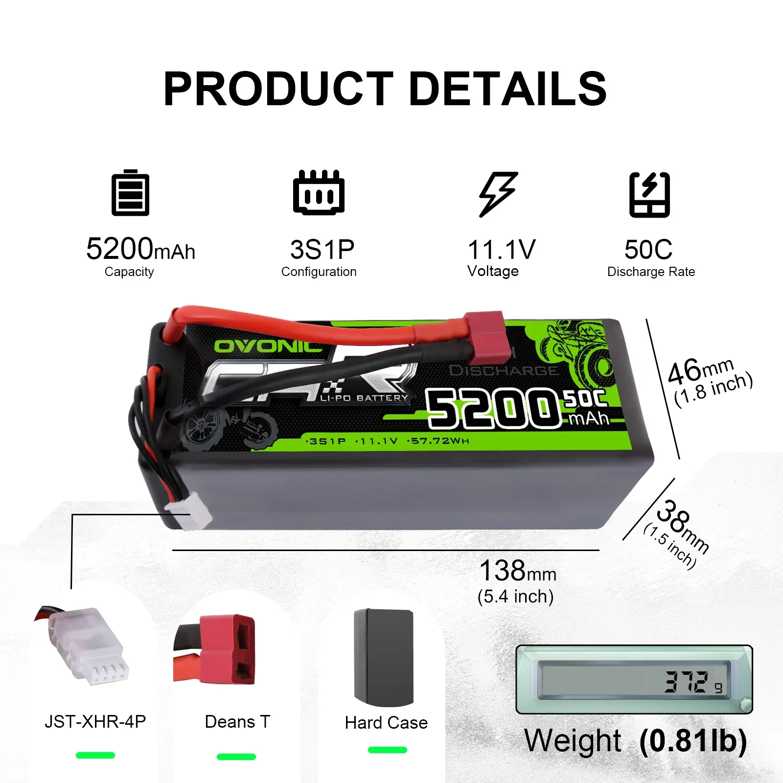 Ovonic 5200mAh RC Lipo Battery 11.1V 50C 3S RC Battery with Deans Plug for RC Evader Boat Car Truck Truggy Buggy Tank Helicopter