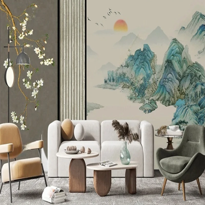 Custom Modern Chinese Ink Painting Landscape Wallpaper Elegant Flowers Birds Backdrop Designs Wall Art for Living Room Decor
