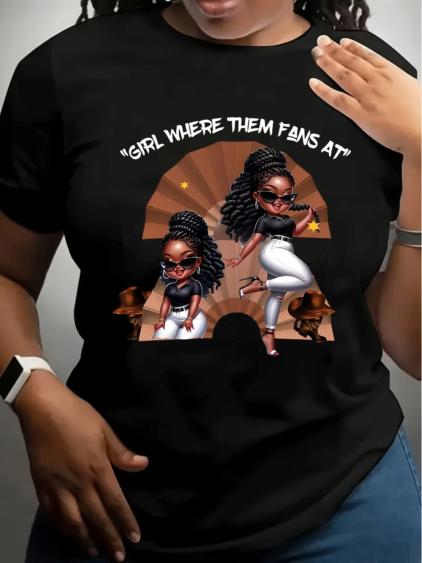 

Plus Size Women's Retro Western Cowgirl Graphic T-Shirt - "Boots On The Ground" Short Sleeve Crew Neck, Breathable Summer