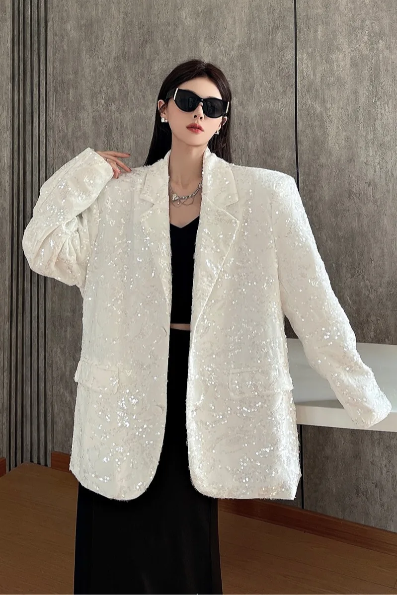 SuperAen Künstlerische Pailletten Kerb Anzüge für Frauen Design Herbst Neue Lange ärmeln Druck Oversize Lose Blazer