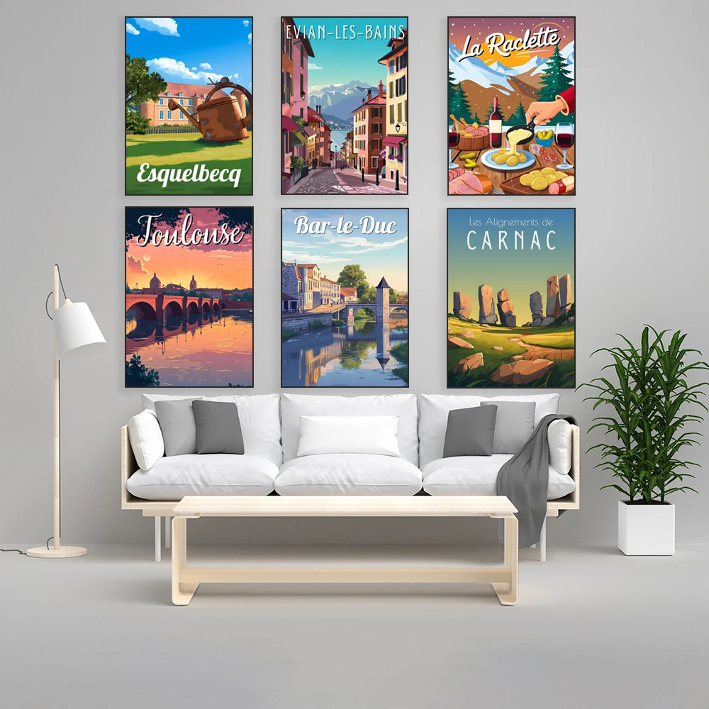 ملصقات السفر لـ La Colette، Saint Malo، La Plagne، Barreduc، Paris، Fontainebleau، Evian-les-Bains، بحيرة Serpentine، Biarritz