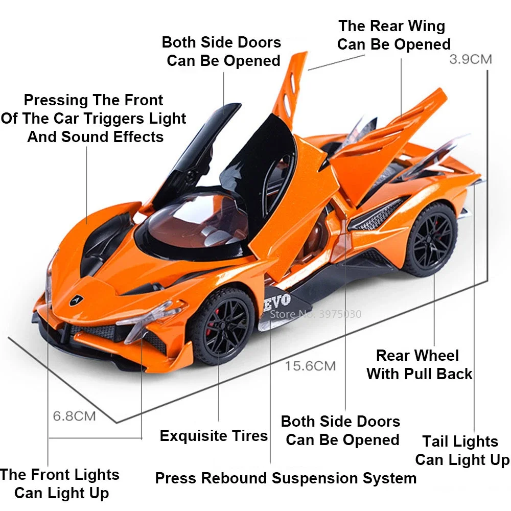 1/32 Apollo EVO Scale Alloy Sport Car Model Diecasts Vehicle Model with Light Sound Pull Back Car Toys for Child Birthday Gifts