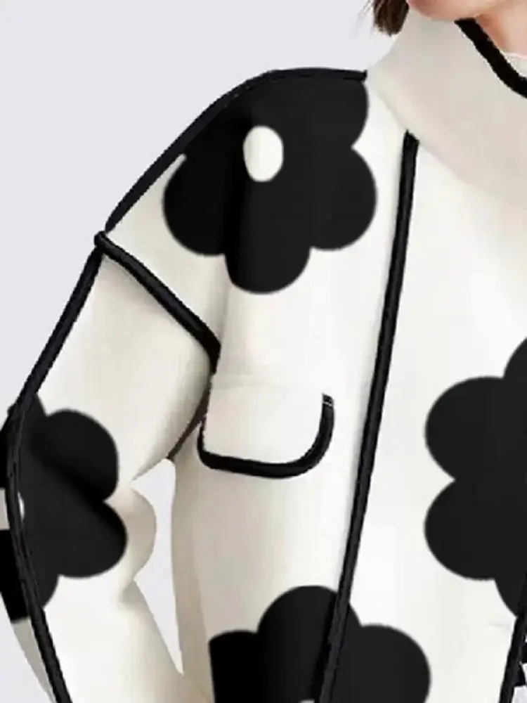 Women Spring Autumn Jackets Fashion Black Flower Print High-Neck Long Sleeves Buttoned Casual Outerwear Coats  New