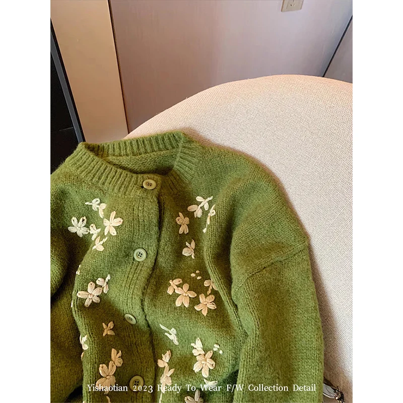 Vintage Floral Cropped Knitted Cardigan Women Embroidery Sweater Coat Korean Elegant Single Breasted Knitwear Casual Jumpers New