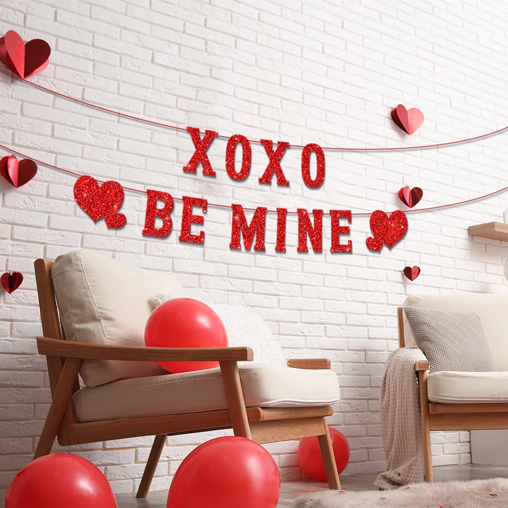 Happy Valentine's Day Banner Red Hugs Kiss Be Mine XOXO Glitter Paper Garland Bunting Hanging Romantic Valentine Wedding decor