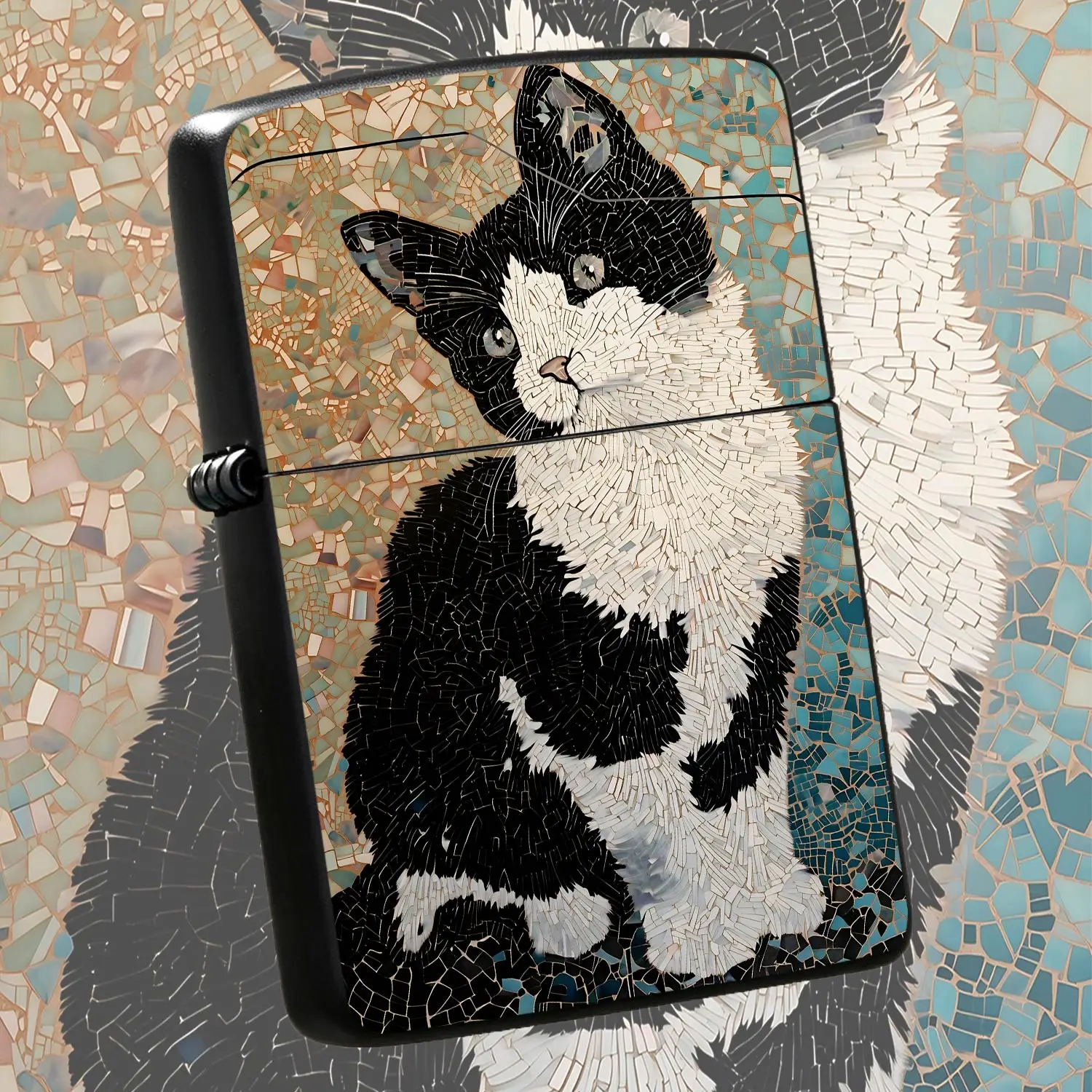 Creative Mosaic Tuxedo Cat Lighter, Exquisite Retro Broken Tile Collage Style Black White Cute Kitten Pattern, Multi-Scene Portable Igniter For Home Outdoor Use, Unique Lovely Gift For Cat Lovers Art Enthusiasts A Humorous And Interesting L
