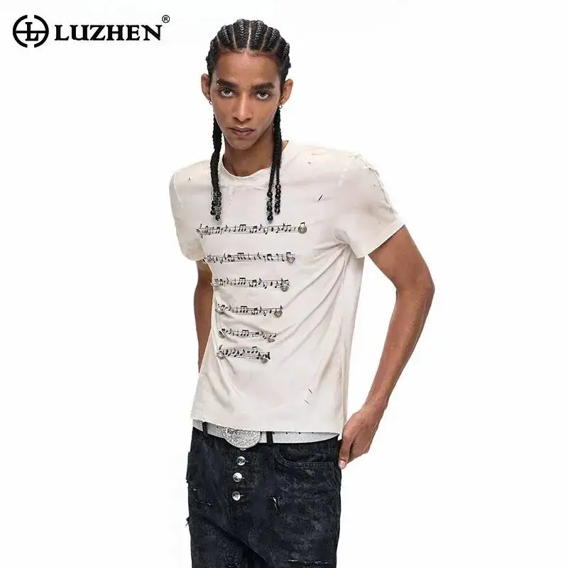 

LUZHEN 2026 Summer Musical Note Pattern Printed Short Sleeve T-shirts Men's Fashion Handsome Round Neck Casual Male Tops JY6549