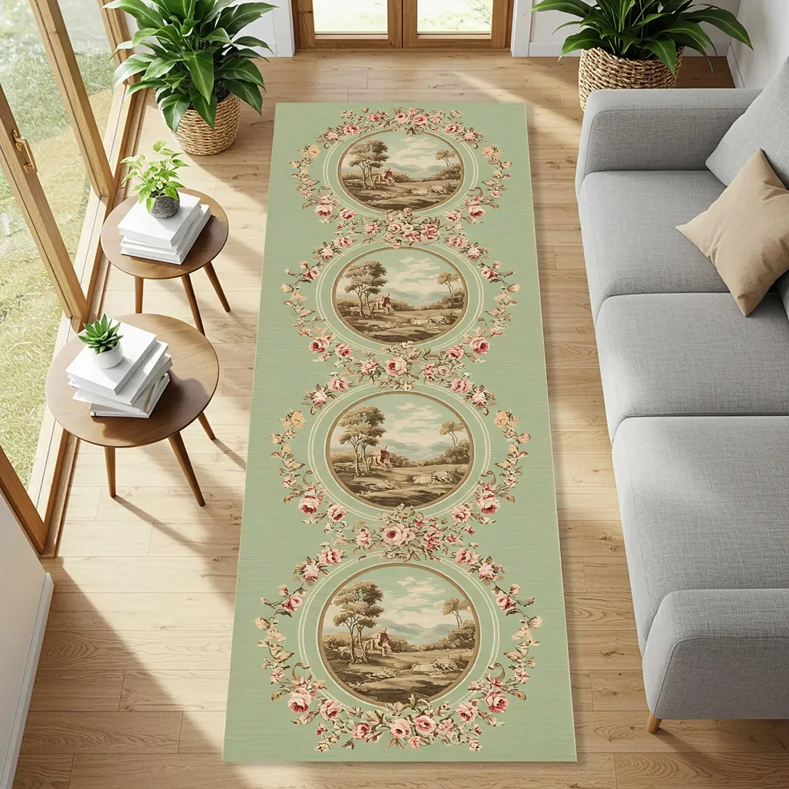 French Style Green Runner Rug with Floral Vintage Scene Prints, Romantic Cottagecore Hallway Rug, Elegant Pastoral Decor Mat