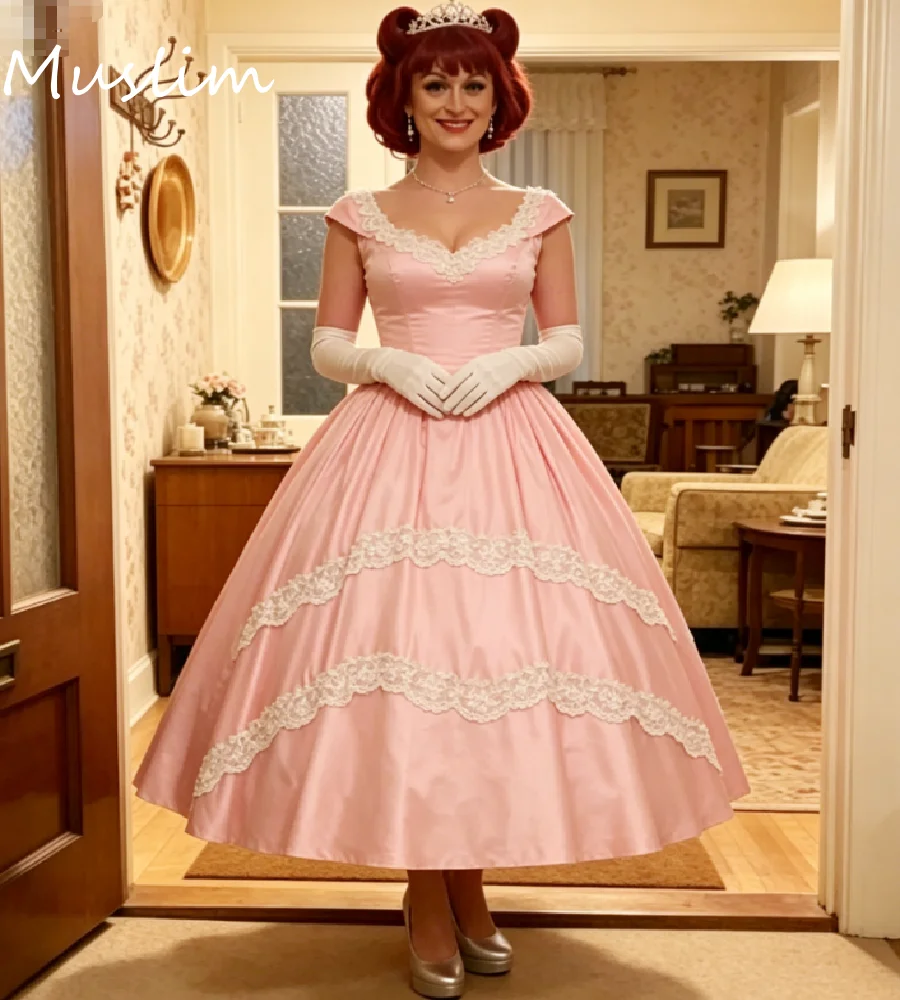 

Retro Pink 50s Prom Dress 2026 A Line Cap Sleeve Satin Short Evening Gown Tea Length Cosplay Maid Mistress Formal Party Cocktail
