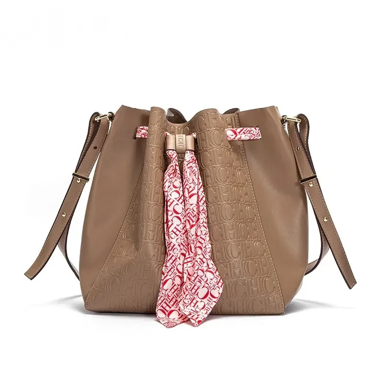 

CH Luxury Brand Women's PU Bucket Bag Large Capacity Shopping Travel Commuter Shrink Scarf Fashion Ladies Versatil Crossbody Bag