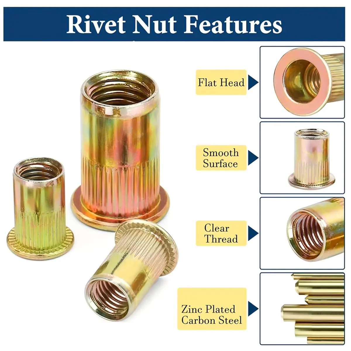 230Pcs Metric Blind Rivet Nuts Kit, M3- Zinc-Plated Flat-Head Threaded Insert Rivnuts Assortment Set