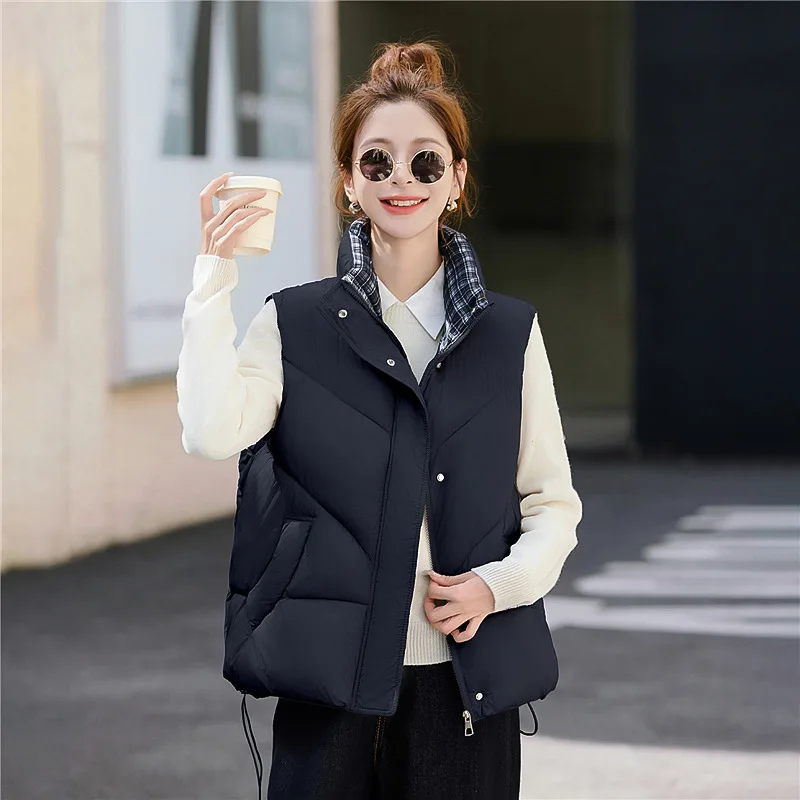 Women Stand‑Collar Puffer Vest Plaid Lining Zip‑Snap Closure Drawstring Hem Side Pockets Loose Fit Warm Winter Outerwear New