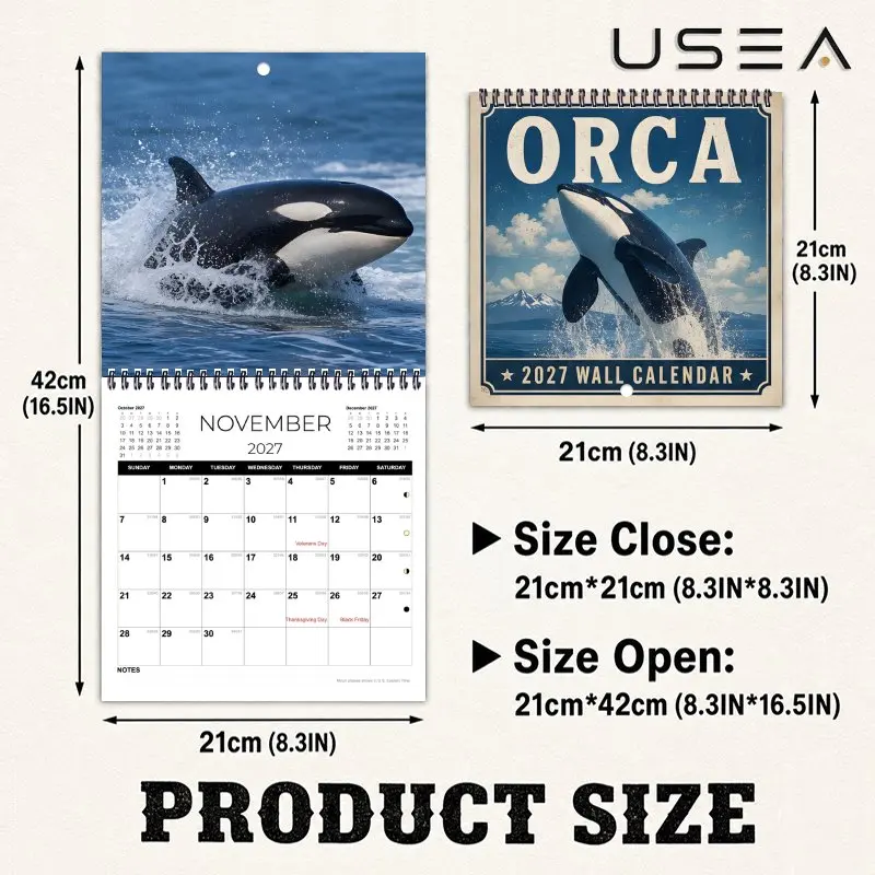2027 Hanging Orca Ocean Calendar Twin Wire Spiral Binding Large Writable Blocks US Federal Holidays Aesthetic Wall Decor