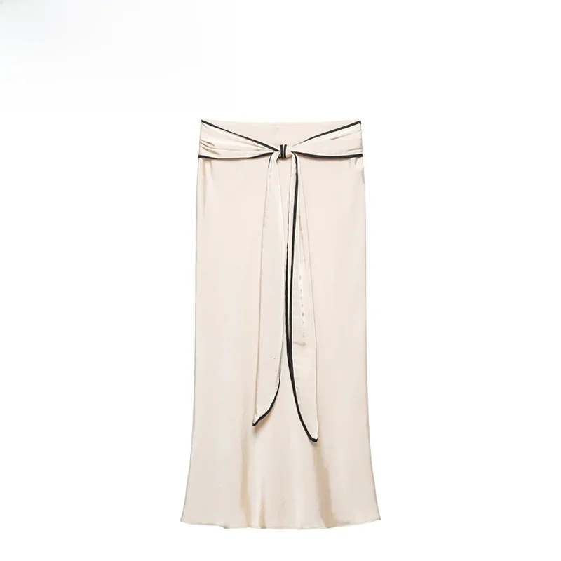 Fashionable Silk Satin Midi Skirt Women's Standard Fit Straight Tube Dress Versatile Knot Decoration Polyester Fiber Skirt