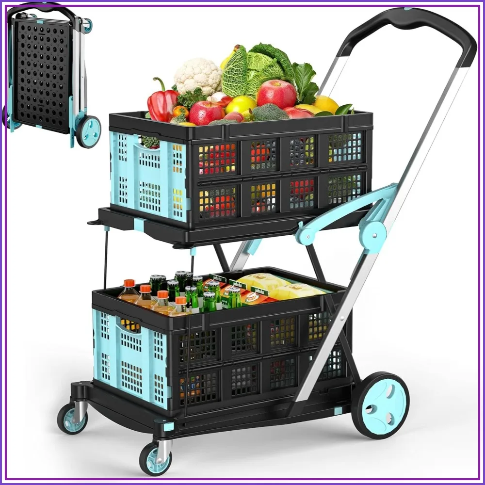 

Foldable Shopping Cart, 200 lbs Capacity Heavy Duty Grocery Cart on Wheels with Foot Brake, Collapsible Crate for Warehouse, Supermarket