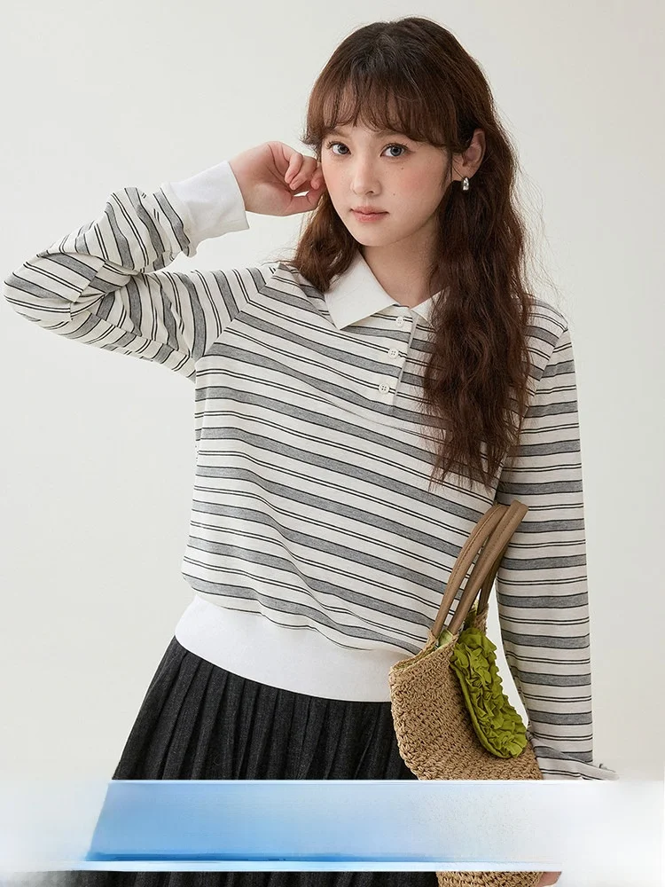 

AMUU Original Spring New Loose Long Sleeve Neck T-Shirt Women's Short Style Striped Top Korean Style Commute Fashion