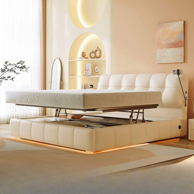 Cream wind puff bed cloud double master bedroom soft bag bed box storage electric translation storage leather bed