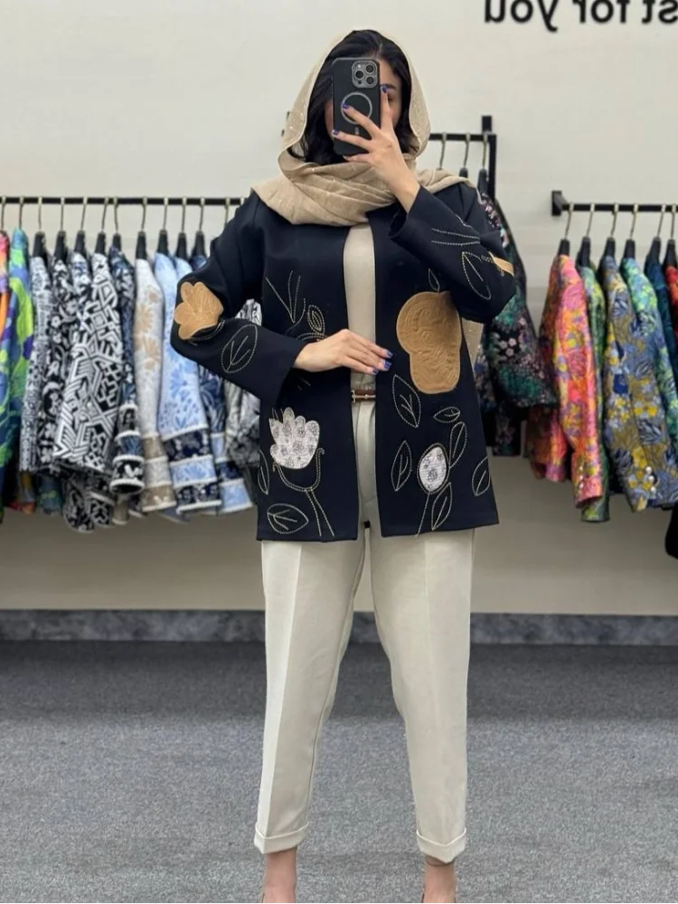 

Women Embroidery Print Cotton Jacket Casual Long Sleeved O Neck Loose Cardigan Coat Lady Autumn 2025 New Commuter Streetwear