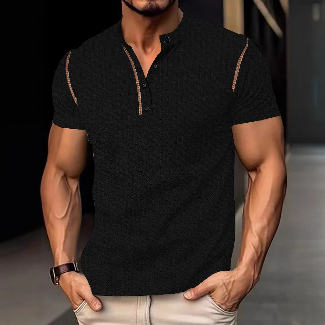 Men's Textured Henley T‑Shirt Short Sleeve Stand Collar Contrast Trim 4‑Button Placket Casual Tops