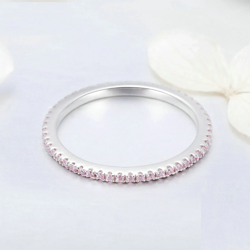 LEKANI Real 925 Sterling Silver Pink Rainbow Crystal Wedding Party Female Rings  Simple  Zirconia Round Fine Original Jewelry