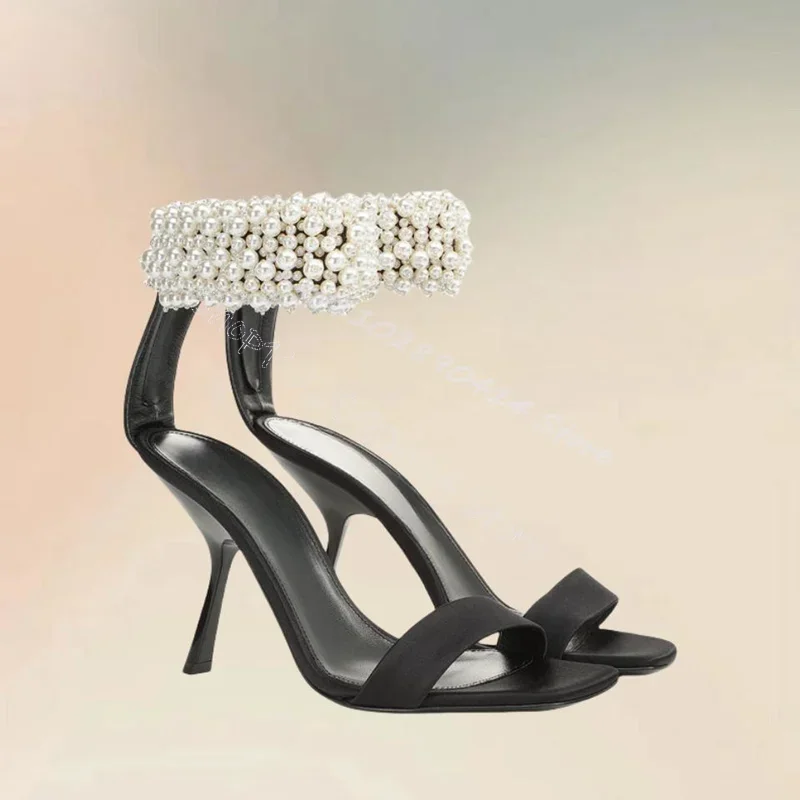 

Pearl Decor Black Strange Style Heels Sandals Back Zipper Women Shoes Open Toe Fashion Party Banquet 2024 Zapatos Para Mujere
