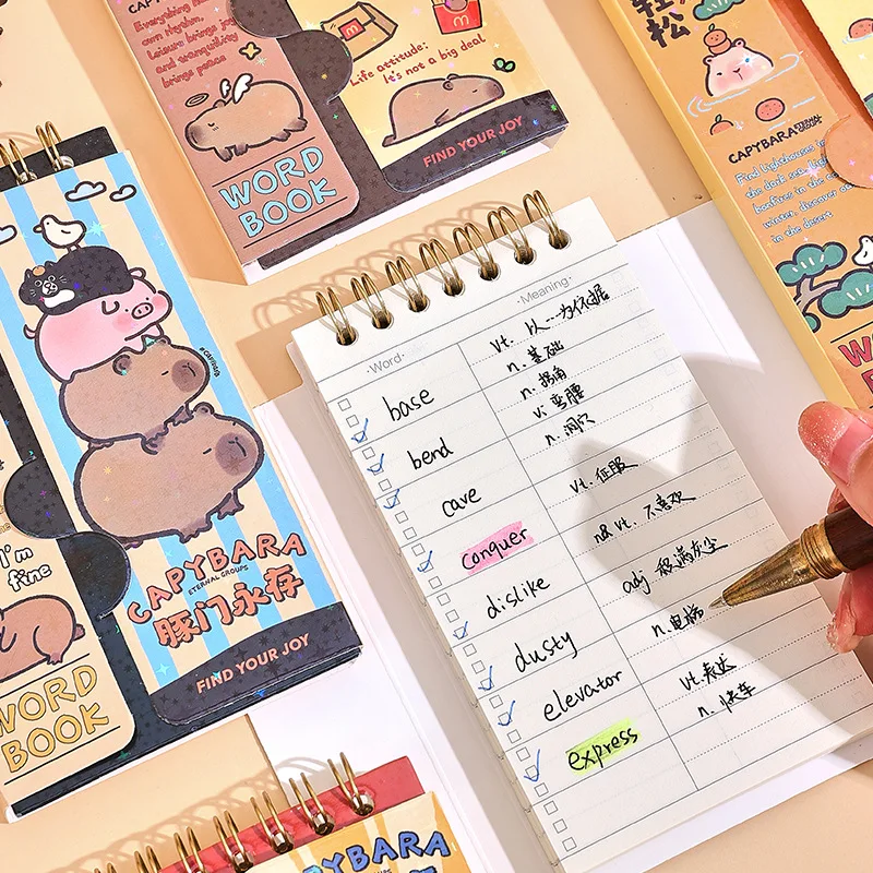 Cute Cartoon Capybara English Word Notebook Half Covering Word Memory Student Book Mini Portable Pocket Exam Recite Word Notepad