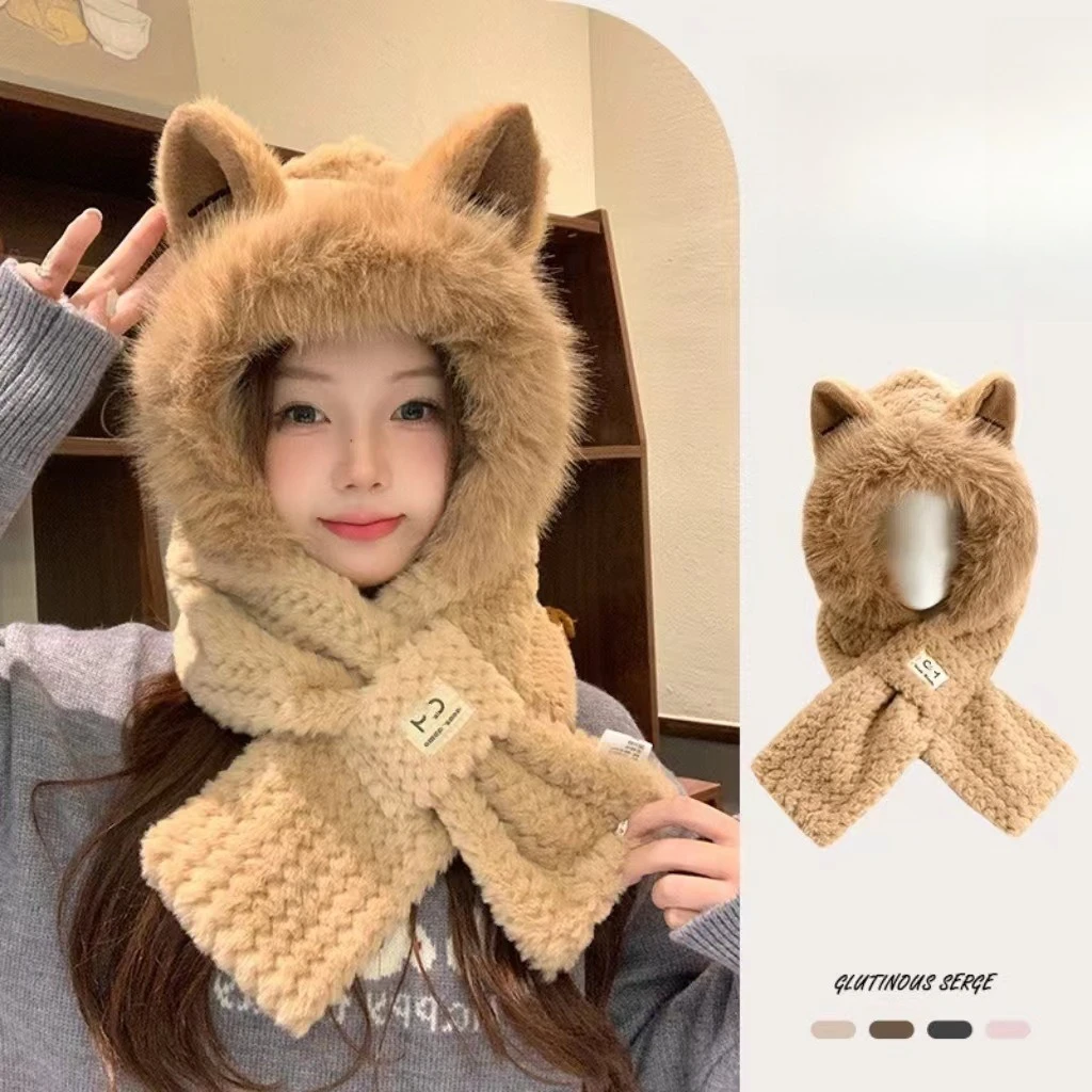 قبعة شتوية جديدة من القطيفة الدافئة، وشاح للأطفال، قطعة واحدة مضادة للبرد لطيفة في الهواء الطلق سميكة دافئة مكونة من قطعتين قبعة شتوية للنساء