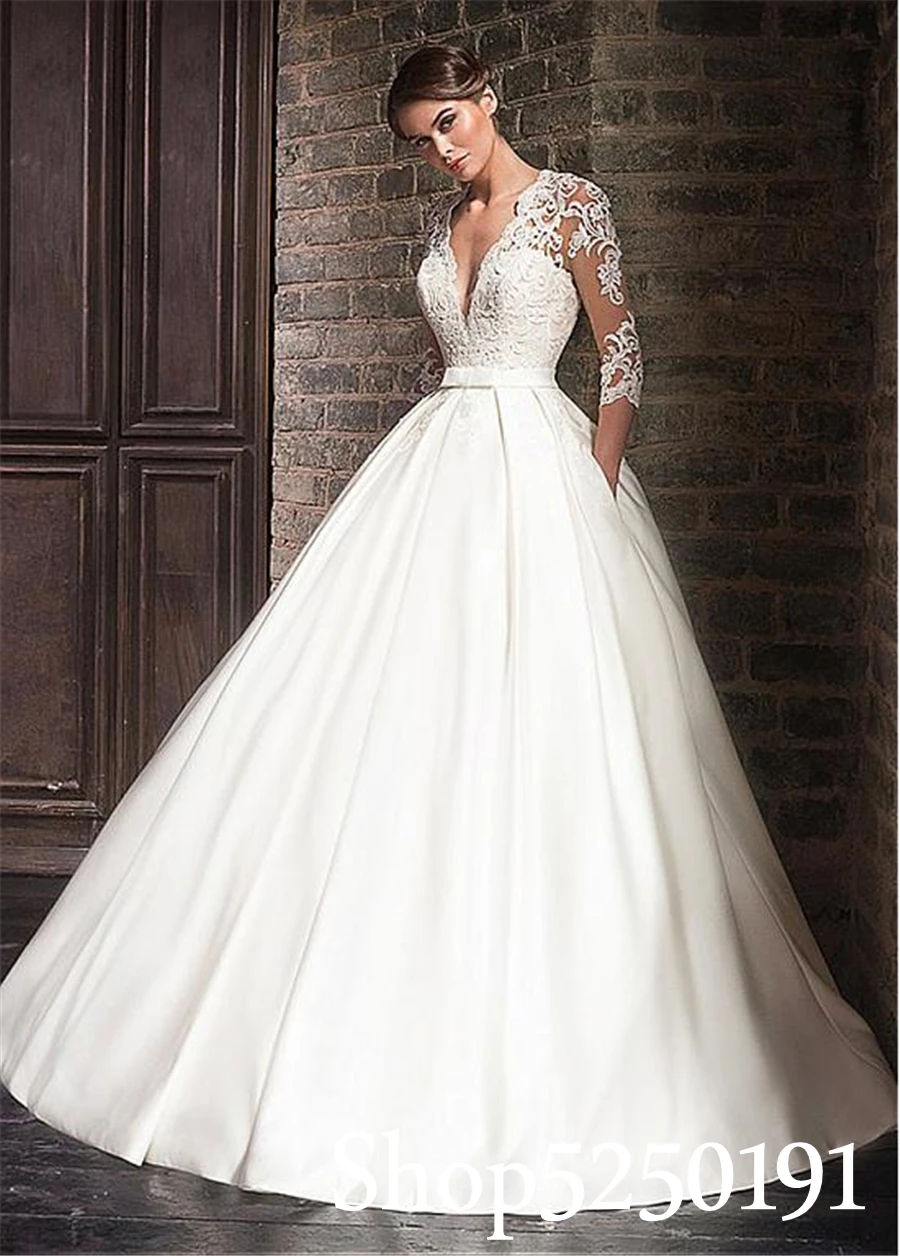 Abiti da sposa da donna arabi di lusso con scollo a v in raso con abiti da sposa in pizzo abito da sposa con maniche a 3/4 con tasca vestido noiva