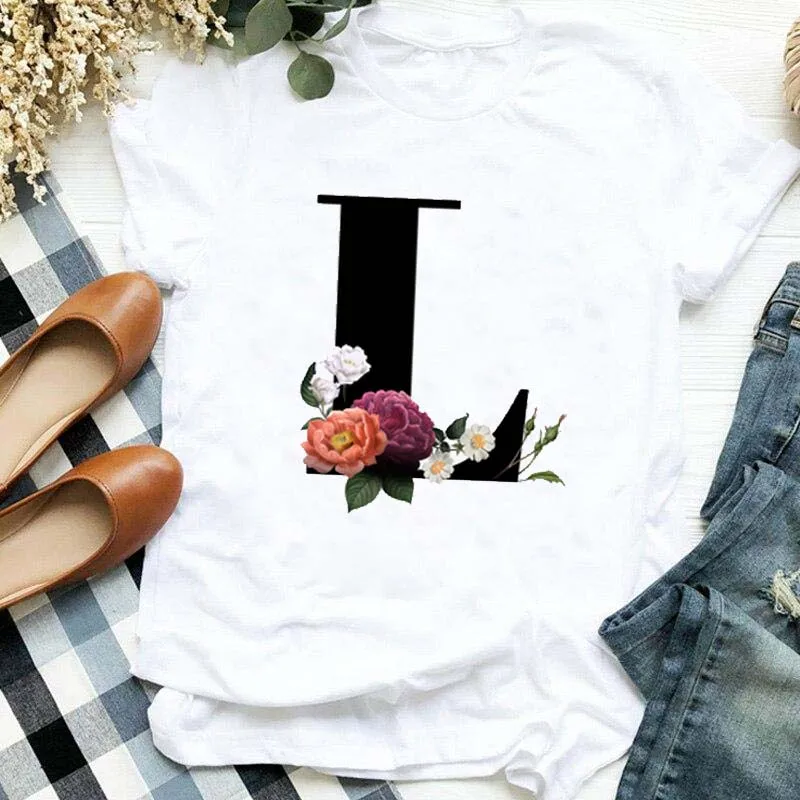 Custom Name Letter Combination Women\'s High Quality Print T-shirt Flower Letter Font A B C D E F G Short Sleeve  Female Tshirt