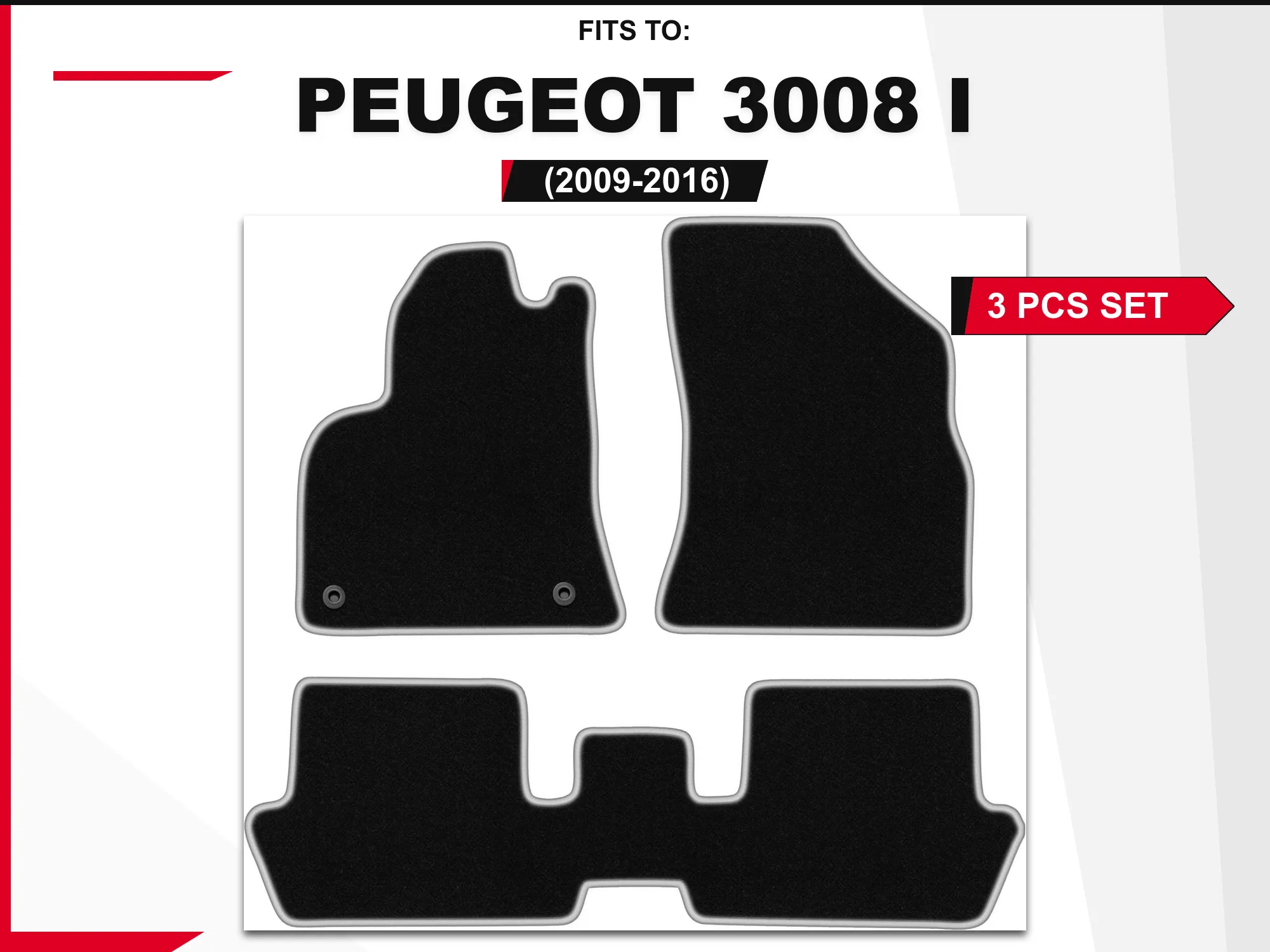 Velours vloermatten voor: Peugeot 3008 I 2009–2016, 3 stuks. Zwart-zilveren autospecifieke vloermatten, een set op maat gemaakte autovloermatten, een set