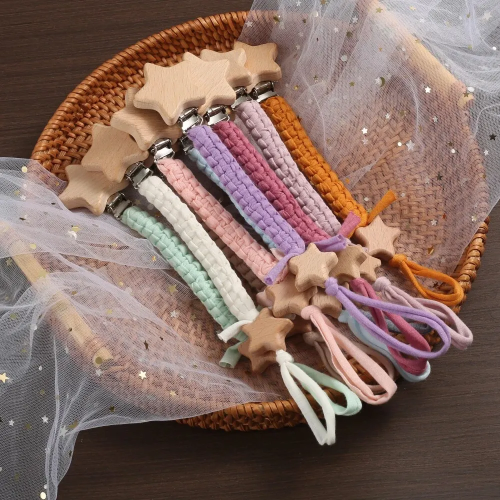 Clip para chupete de pentagrama de madera de haya para bebé, chupete de algodón tejido hecho a mano, cadena para pezones para bebé, mordedor de lactancia, juguetes para masticar, regalo