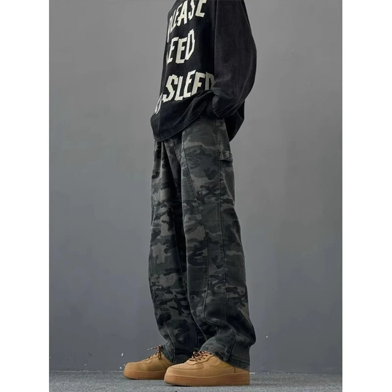 American Vintage Style New Fashion Men's Sports Casual Trendy Simple Basic Daily Camouflage Straight Trousers Male Pants Clothes
