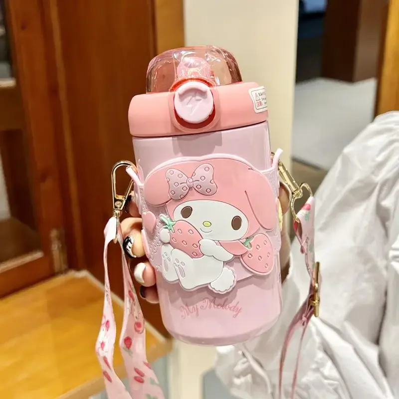 Sanrio My Melody Cup Cinnamoroll Kids Thermos Anime Kuromi Girl Stainless Steel Thermos Cup Strap Water Bottle Christmas Gift