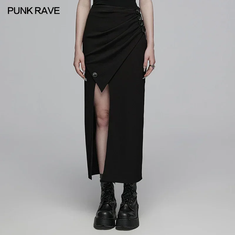 

PUNK RAVE Women's Gothic Daily Knitted Diagonal Split Long Skirt U-shaped High Slit Black Skirts for Women