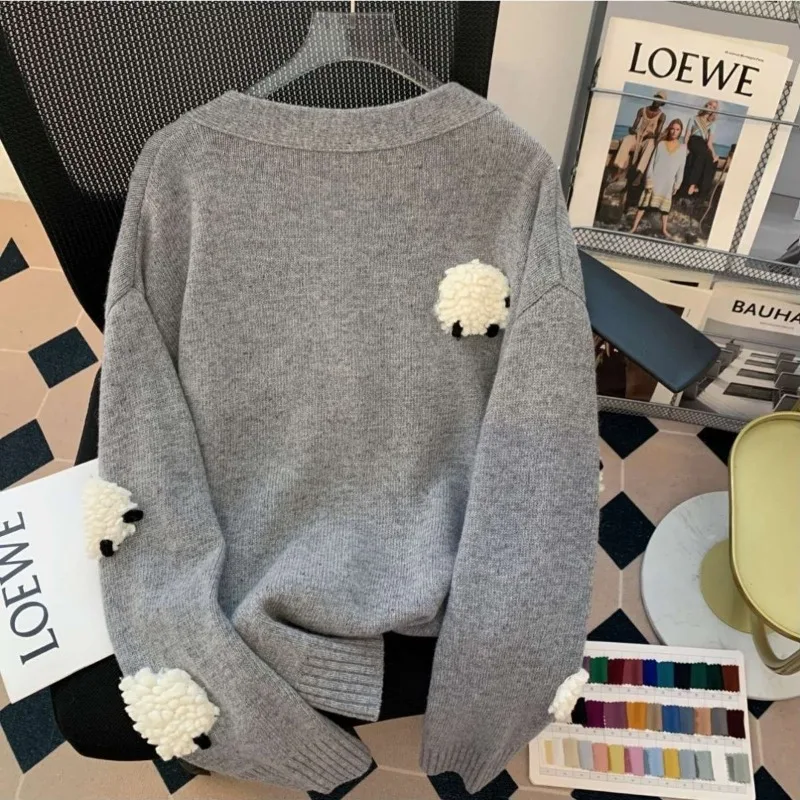 Dames Winter Herfst Tops Gebreide trui Vest V-hals Schapen Effen Kleur Slank Eenvoudig Los Ontwerp Hoog Nieuw Zacht Veelzijdig