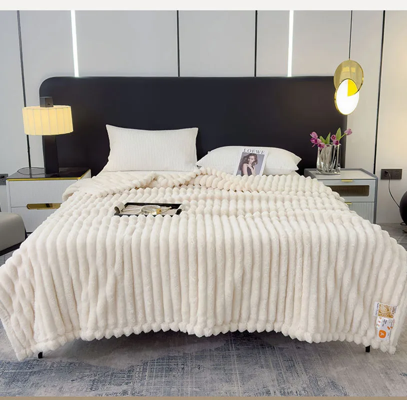 Thickened Milk Fluff Blanket Office Nap Leisure Blanket Solid Color Striped Imitation Rabbit Fleece Sofa Blanket Warm Blanket