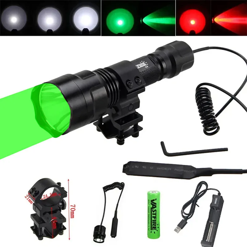 LED Tactical Hunting Flashlight White/Green/Red 500-800M Range Portable Torch Outdoor Waterproof Lantern+18650+Charger +Switch