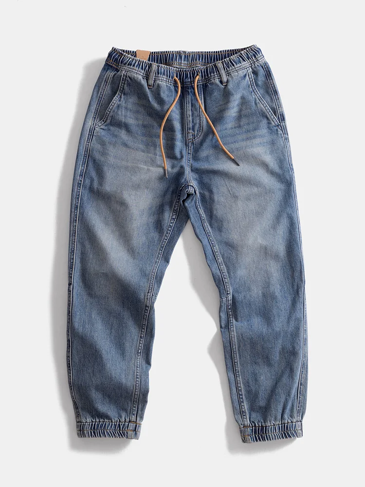 

Мужские джинсы из чистого хлопка в стиле ретро, свободные повседневные рабочие брюки, прямые джинсы с манжетами, в японском стиле