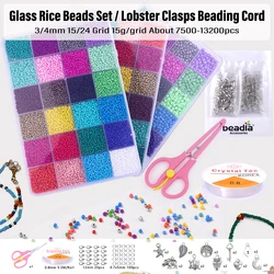 2–4mm Glass Rice Beads Kit 15–24 Grids, 15g/Grid 4000–24000pcs with Lobster Clasps & Cord for DIY Jewelry, Bracelets & Neckla