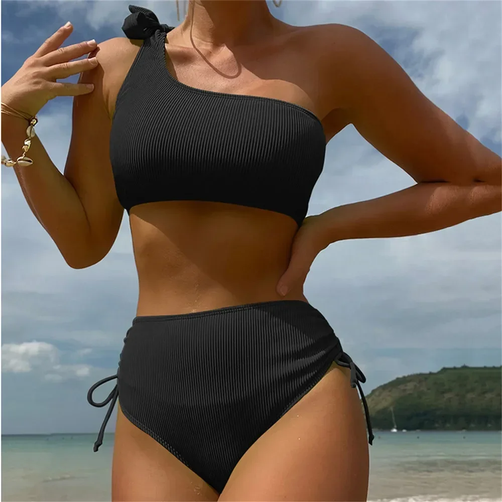 Sexy One Shoulder Swimwear High Waist Bikinis Set Women Black Drawstring Bottom Swimsuit Bathing Suit Beachwear Bikini Mujer