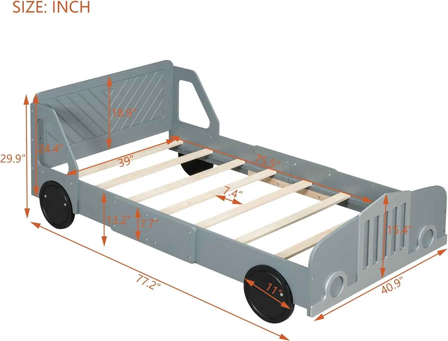 Twin Size Car Shaped Platform Bed, Sturdy Wood Bed Frame With Wheels And Guardrails For Boys Girls, Wood Slat Support, No Box