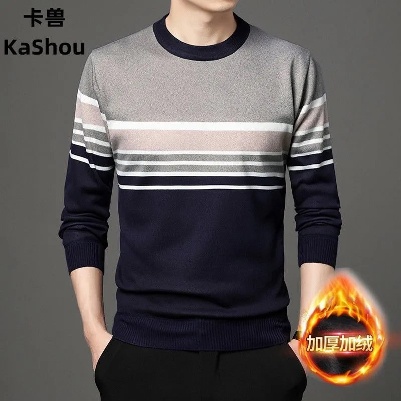 Suéter de cuello redondo para hombre, grueso, de felpa, de punto, informal, a rayas, ropa cálida, invierno