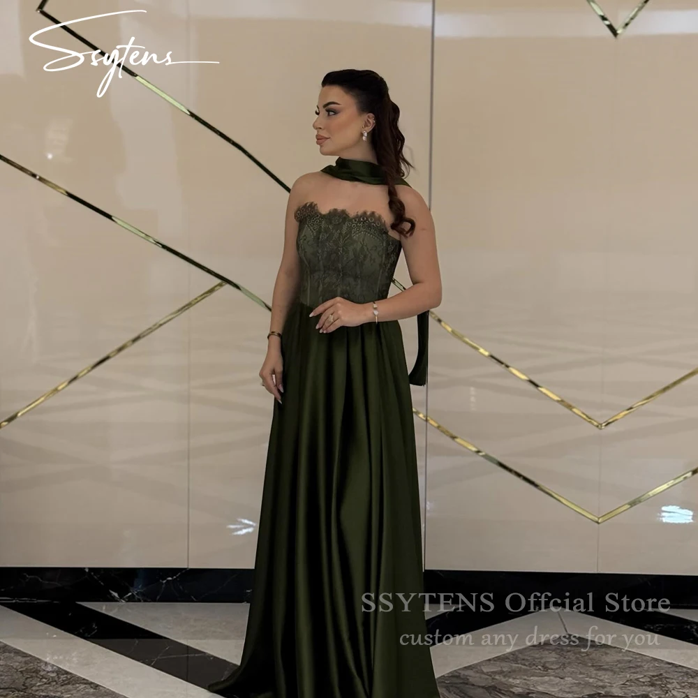 

SSYTENS Elegant Saudi Evening Dresses A Line Strapless Pleated Formal Dress Lace Wedding Party Dress Women Gala Gowns Customized