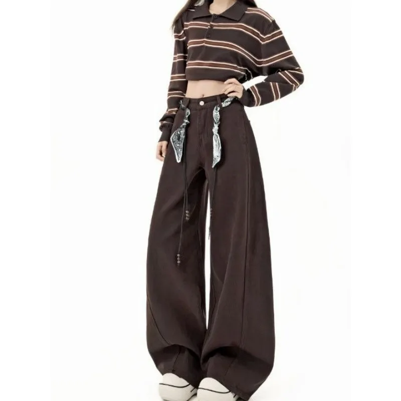 Wide-leg Curved Knife Jeans Women Autumn/winter Style American Retro Brown Coffee Color Versatile Cover-up Floor-length Pants
