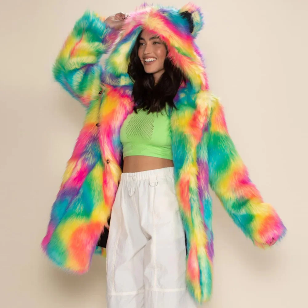 Colorful Faux Fox Fur Hooded Fluffy Teddy Ear Coat For Women Jackets Outwear Long Sleeve Warm Winter Coats Street Casual Coats