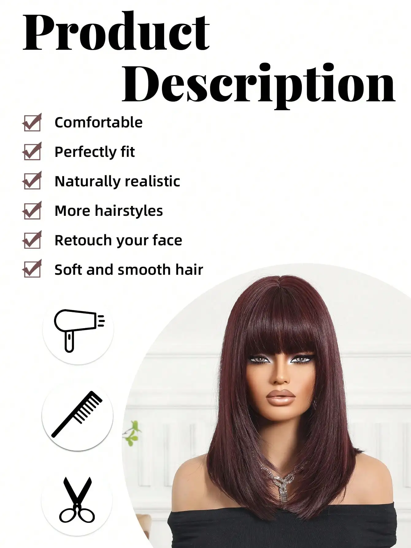 14インチ ブラック ショートボブウィッグ 前髪付き レイヤードファッションウィッグ 女性用 合成繊維ウィッグ 休日 旅行 家族に最適