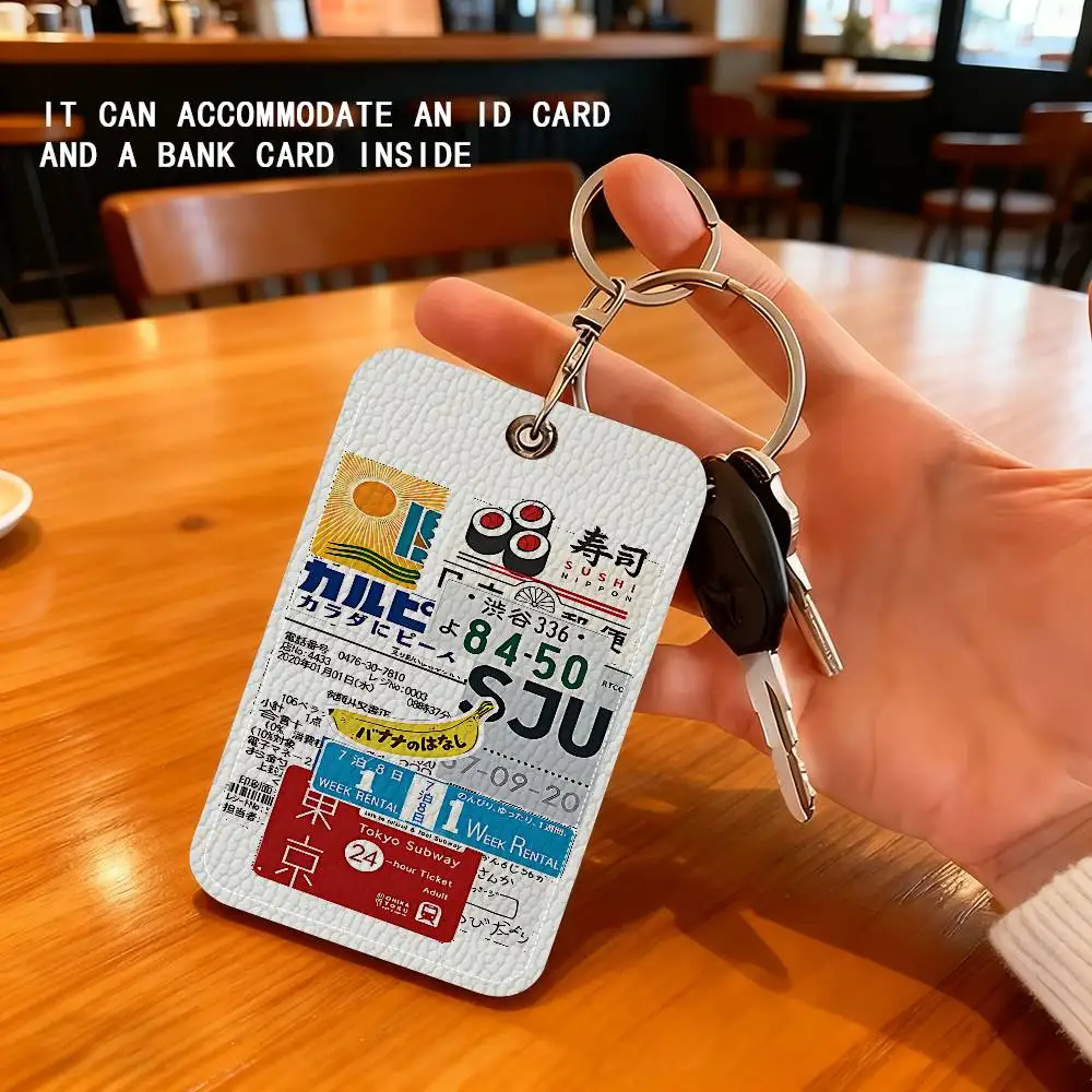 Retro Collage Japanese Style Ticket Sushi Keyring Leather Access Card Holder Keychain Community Proximity Card Protective Case
