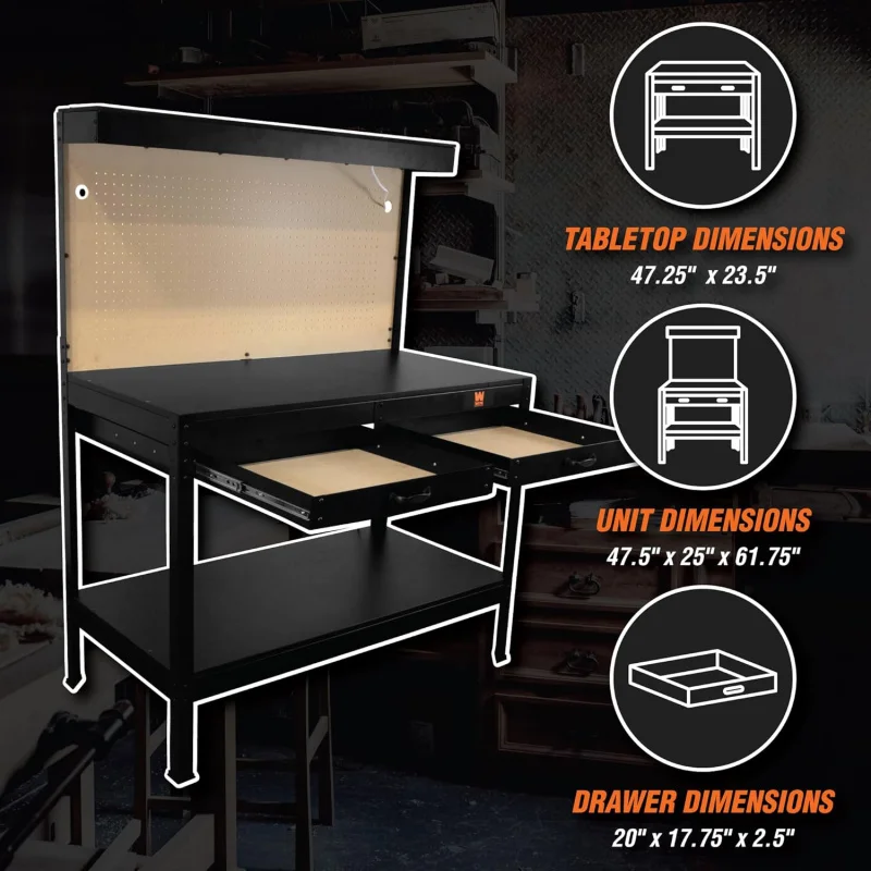 48-Inch Workbench with Power Outlets and Light, Black