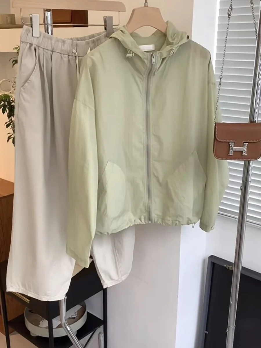 

Korean Sle Casual Lightweight Hooded Sun Protection Clothing Women Summer Faionable Breathable Dstring Jaet Coat