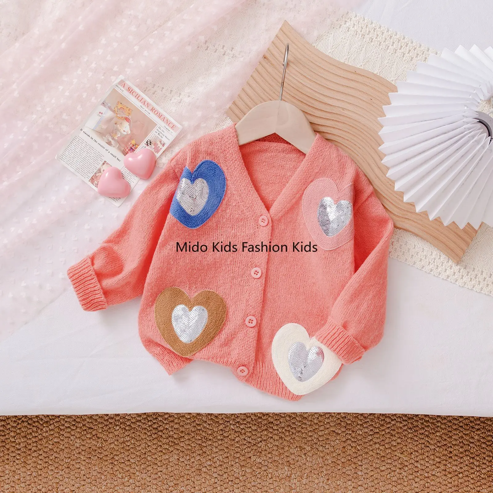 

2025 Girls Sweater European and American Hot Sale Cardigan Single Breasted Pink Blue Cute Girls Long Sleeve Sweater